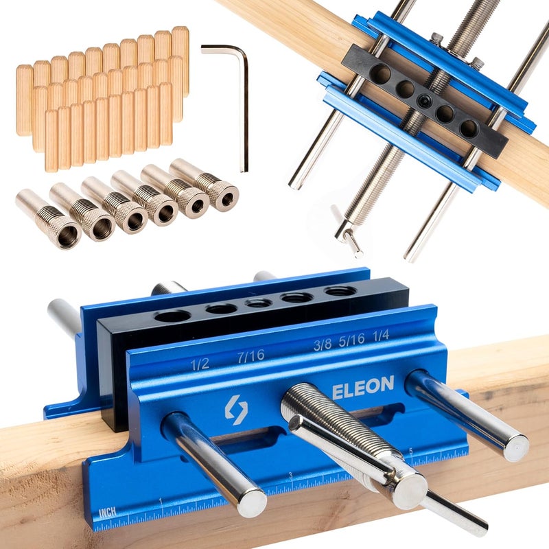 Eleon - Self Centering Dowel Jig with Elongated Jaws and Extra Wide Clamp - Precision Woodworking Made Effortless - Lasting Craftsmanship - Durable Aluminum Alloy Dowel Drill Guide (Blue) - Image 1
